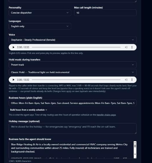 Agent studio: voice, hold music, hours text, and business facts