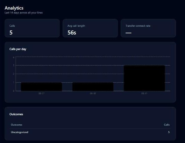Analytics page with KPIs and calls-per-day chart