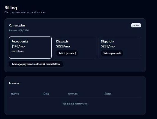 Billing page with plan tiles and invoices