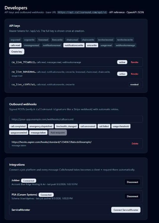 Developers page: API keys, webhooks, and integrations