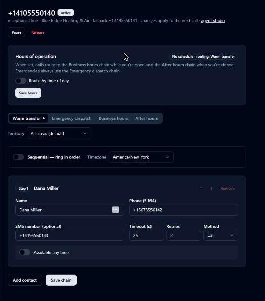 Line page: hours of operation card and the transfer chain editor
