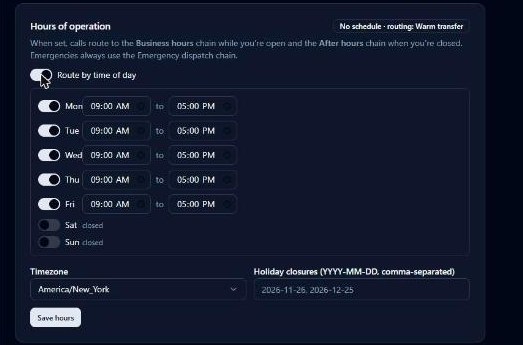 Hours of operation weekly schedule