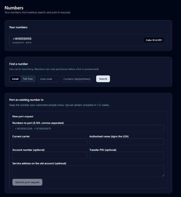 The Numbers page: your numbers, inventory search, and port-in