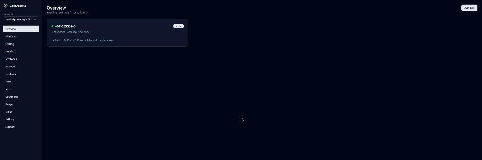 The Overview page with one active line card