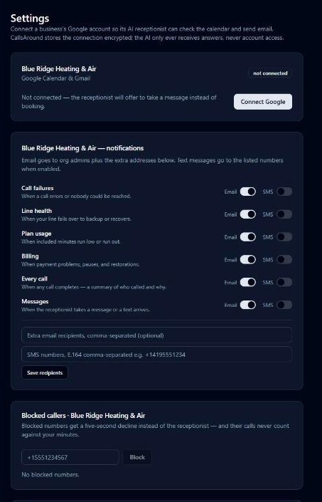 Settings page: Google connection, notifications, blocked callers