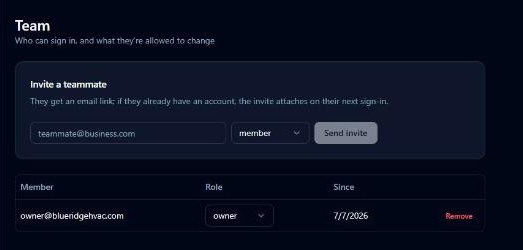 Team page with invite form and member list
