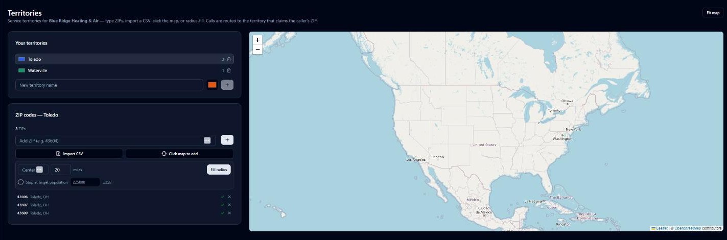 Territories page with ZIP list and map